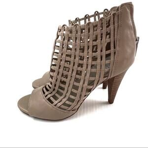 Vince Camuto Atina peep toe woven heeled booties back zip closure stacked heel